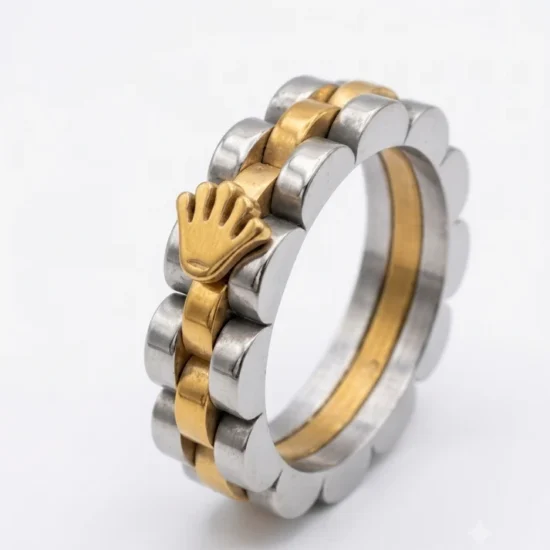 Royal Crown Chain-Link Ring Gold Plated Two-Tone Stainless Steel